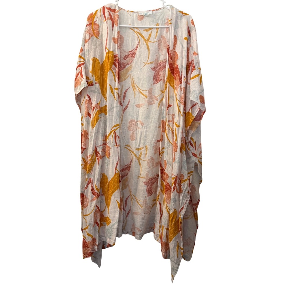 Cynthia Rowley Linen Blend Floral Kimono Wrap‎ Cover Up One Size White Orange